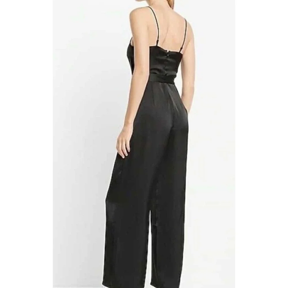 Express Black Satin‎ Cowl Neck Wide Leg Tie Waist Spaghetti Strap Jumpsuit